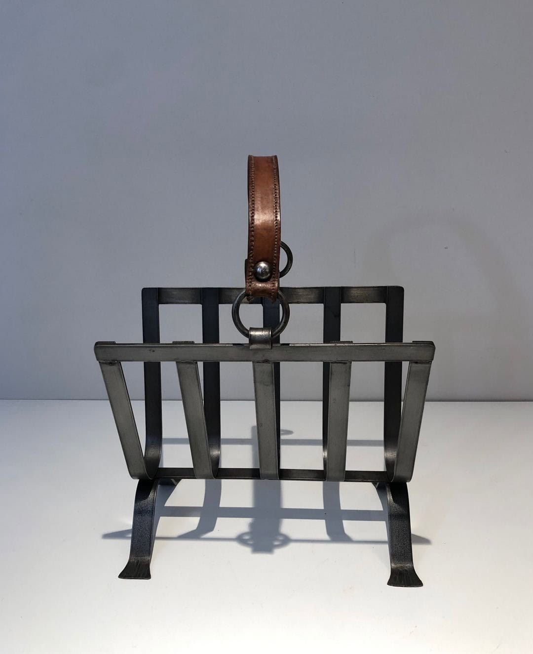 Jacques Adnet Style Leather and Steel Magazine Rack - Image 2