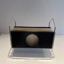 French 1960s Chrome and Black and White Magazine Rack - Front View - Styylish
