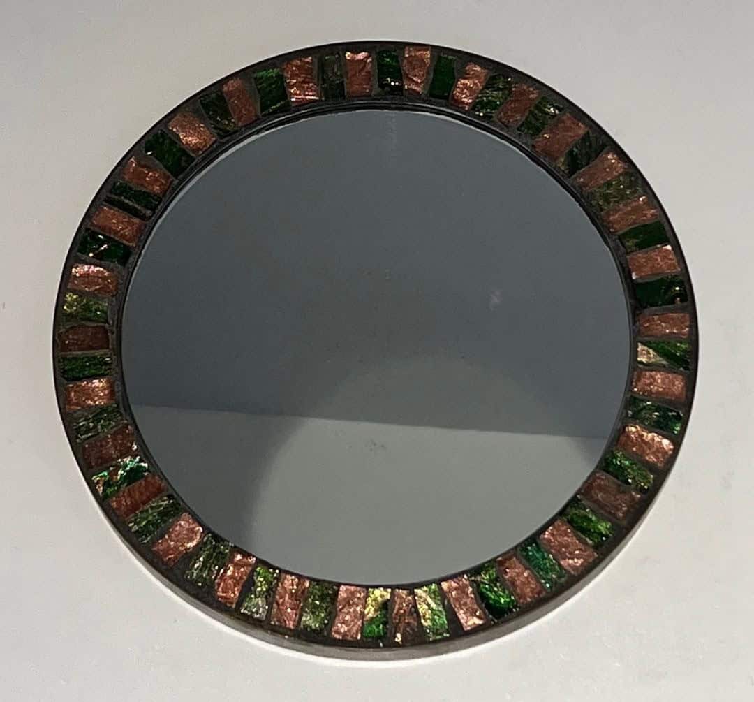French Mid-Century Ceramic and Brass Round Mirror - Front View - Styylish