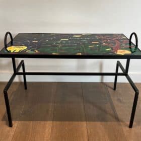 French Ceramic and Iron Coffee Table, circa 1950, in the Style of Jacques Adnet
