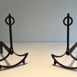 French 1940s Blackened Wrought Iron Andirons - Front View - Styylish
