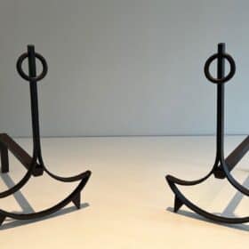 French 1940s Blackened Wrought Iron Andirons
