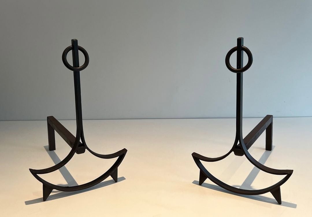 French 1940s Blackened Wrought Iron Andirons - Front View - Styylish