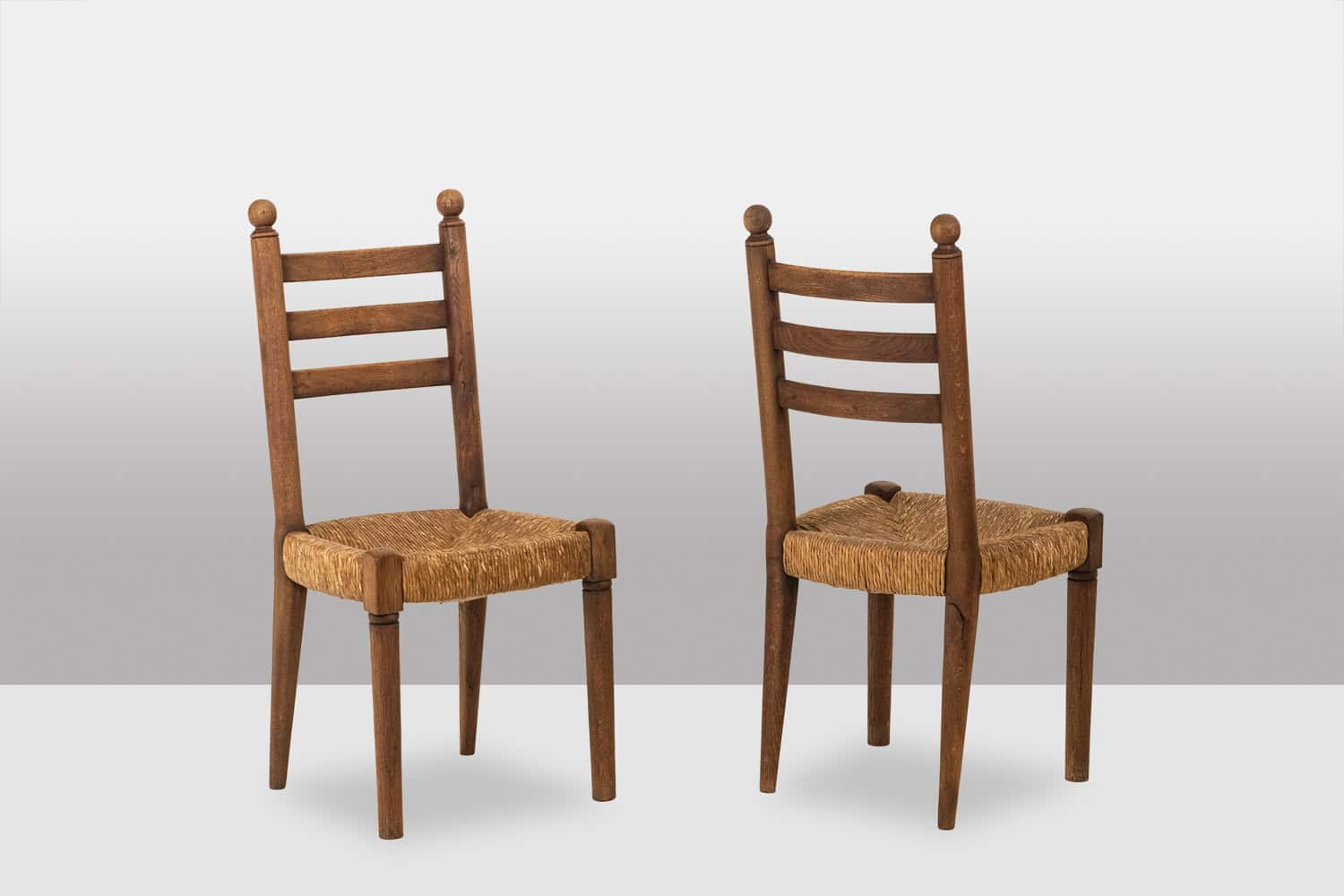 Set of 8 Vintage Oak and Straw-Seated Chairs - View of Pair - Styylish