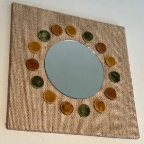 French Mid-Century Raffia and Ceramic Roundel Mirror