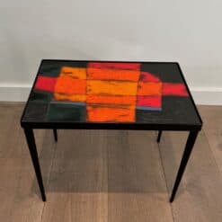 French Mid-Century Hand-Painted Ceramic Tile Side Table - Front View - Styylish