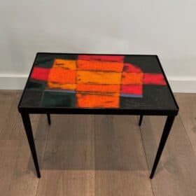 French Mid-Century Hand-Painted Ceramic Tile Side Table