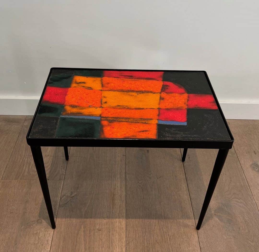 French Mid-Century Hand-Painted Ceramic Tile Side Table - Front View - Styylish
