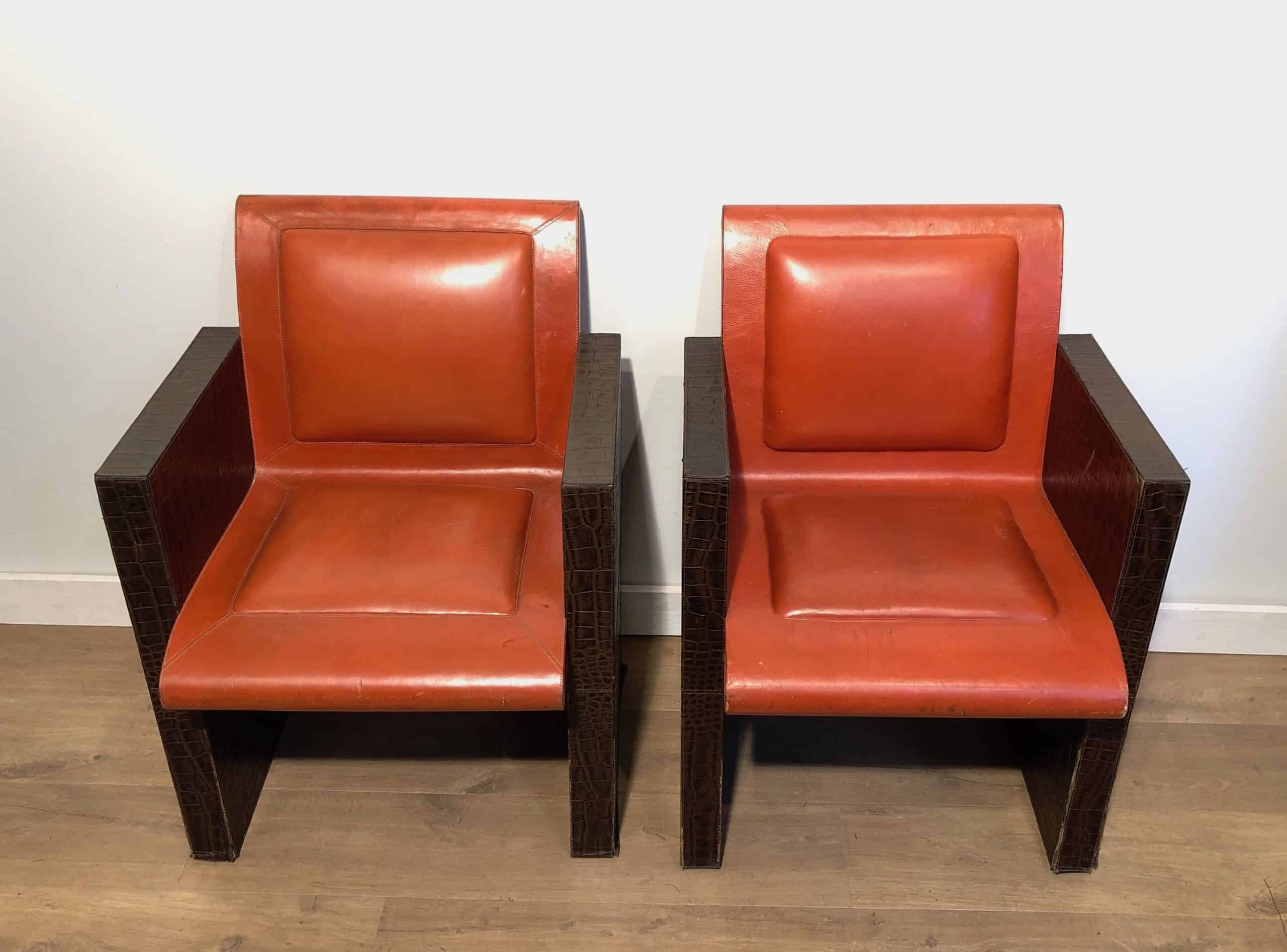 Pair of French 1970s Brown and Orange Leather Armchairs - Front View - Styylish