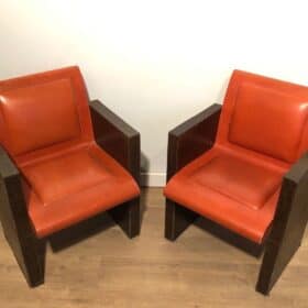 Set of Three French 1970s Brown and Orange Leather Armchairs