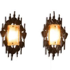 Mazzega Brutalist Cast Glass and Wrought Iron Wall Sconces - Illuminated View - Styylish