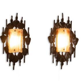 Mazzega Brutalist Cast Glass and Wrought Iron Wall Sconces