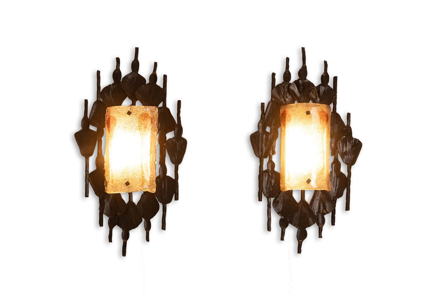 Mazzega Brutalist Cast Glass and Wrought Iron Wall Sconces - Illuminated View - Styylish