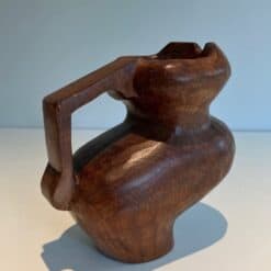 French Post-War Brutalist Carved Wood Pitcher - Angled View - Styylish
