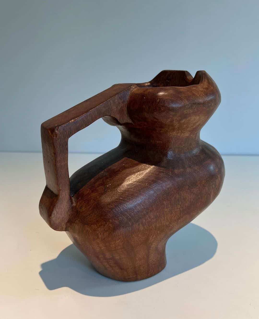 French Post-War Brutalist Carved Wood Pitcher - Angled View - Styylish