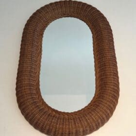 French Mid-Century Oval Rattan Mirror