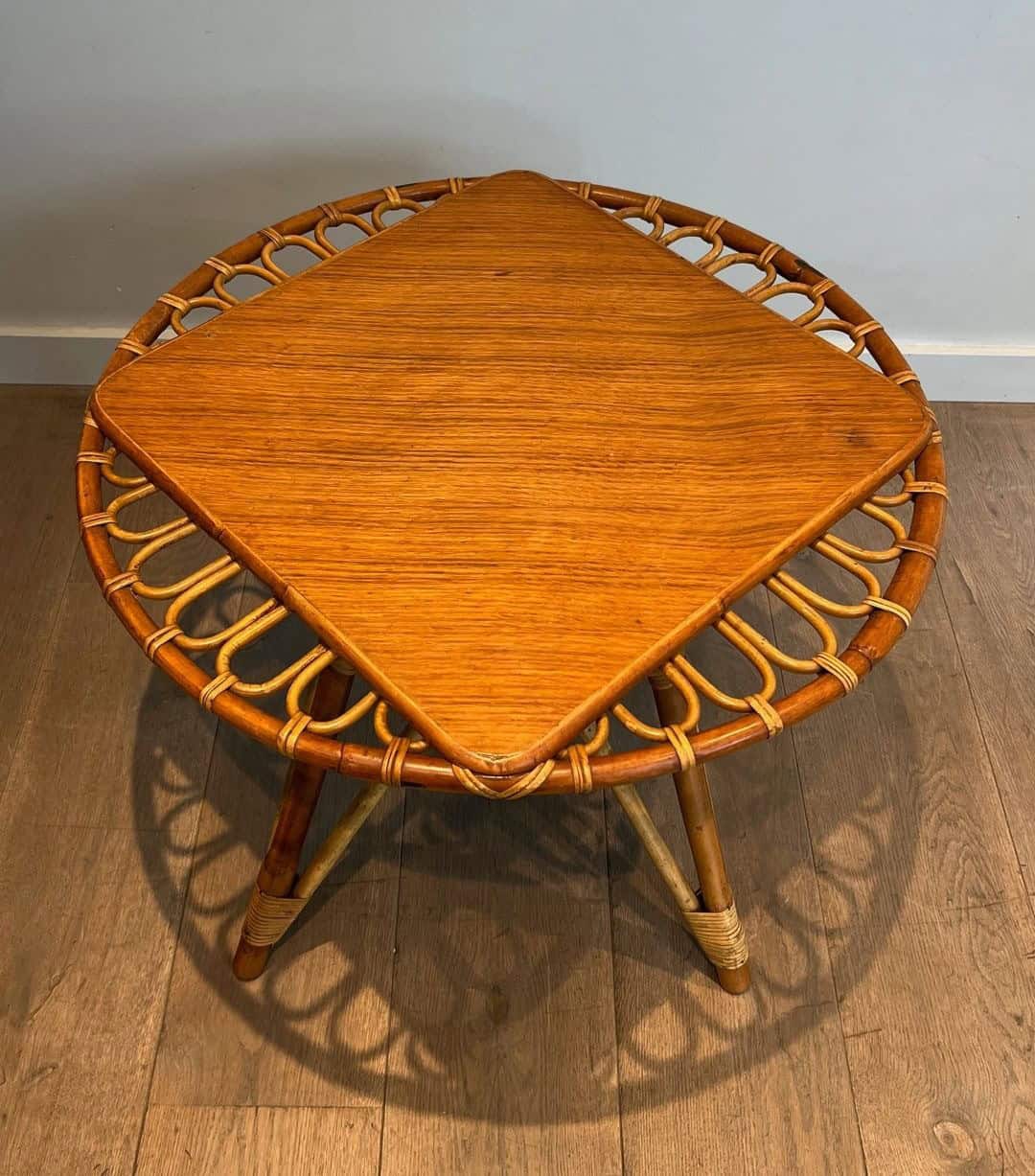 French Mid-Century Trampoline Rattan Coffee Table - Image 2