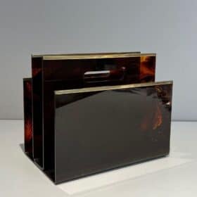 French 1970s Faux Tortoiseshell Plexiglass and Brass Magazine Rack