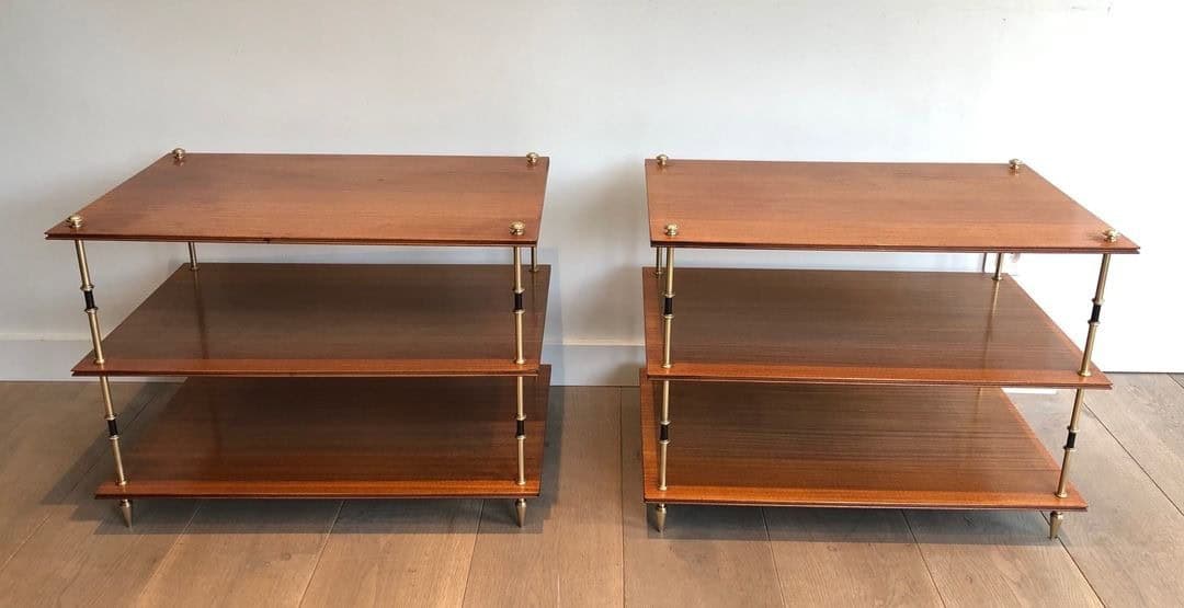 Maison Jansen Mahogany and Brass Three-Tier Side Tables - Front View -Styylish