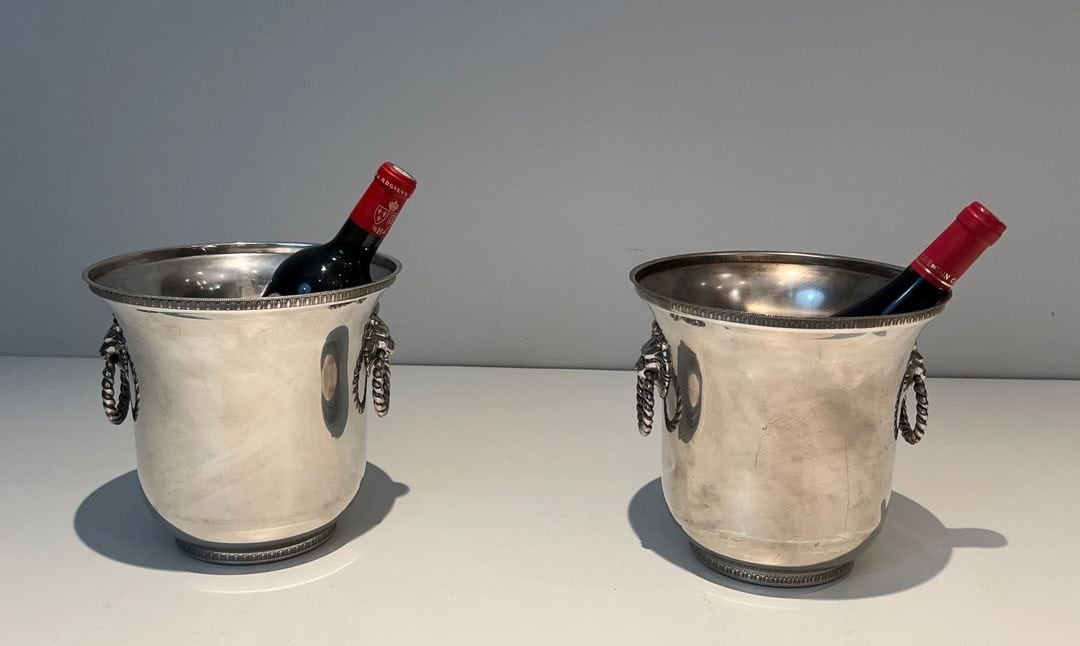 Pair of French Silver-Plated Champagne Buckets with Lion Masks - Pair View - Styylish