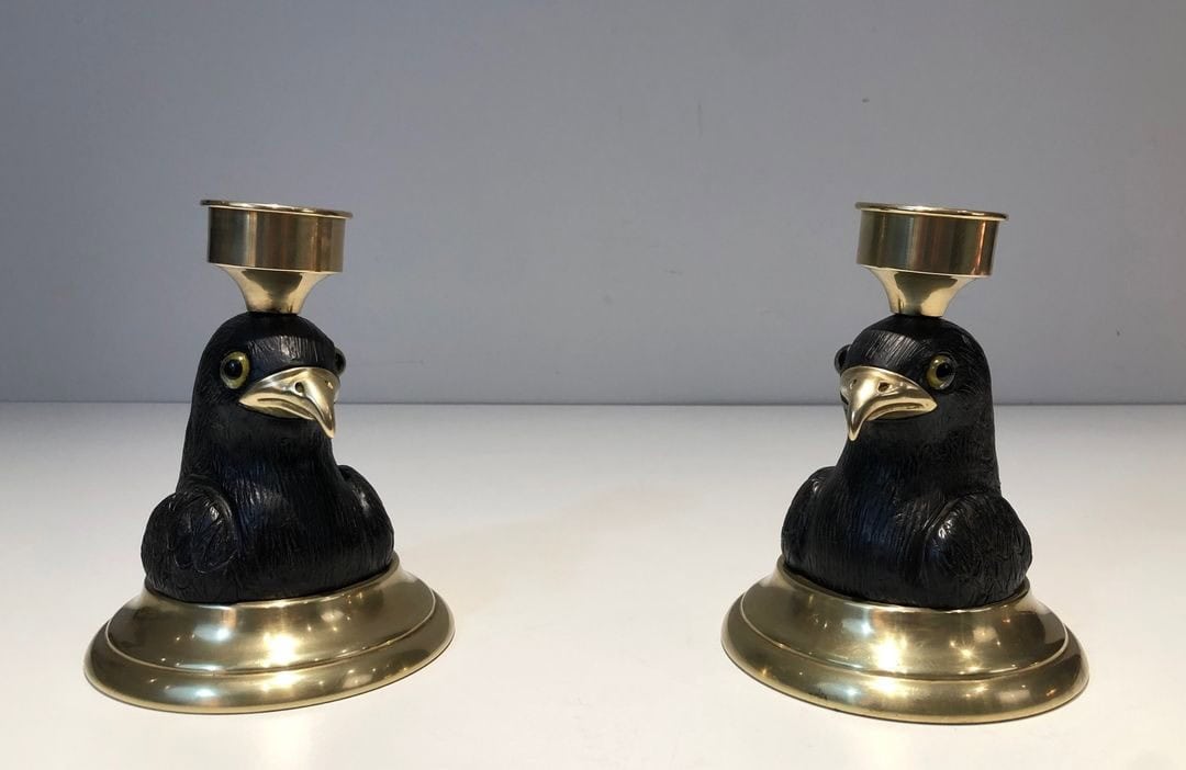 Pair of Signed French Carved Wood Eagle Candlesticks - Angled Pair View - Styylish