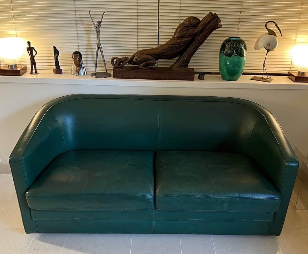 French Art Deco Revival Dark Green Leather Sofa - Image 2
