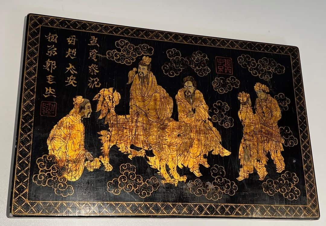 French Chinoiserie Black Lacquer and Gilt Panel - Image 2