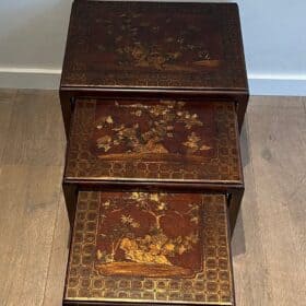 Set of Three Lacquered Nesting Tables with Chinoiserie Decoration, France circa 1940