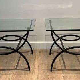 French Mid-Century Black Iron and Glass Side Tables