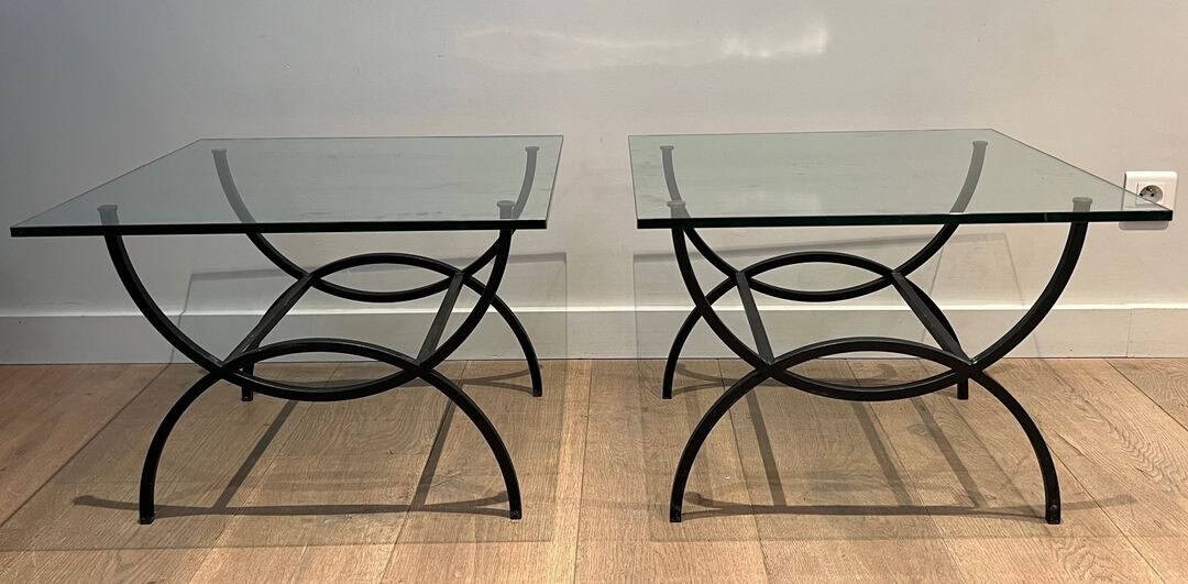 French Mid-Century Black Iron and Glass Side Tables - Image 2