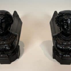 French Figural Cast Iron Andirons - Front Top Pair View - Styylish
