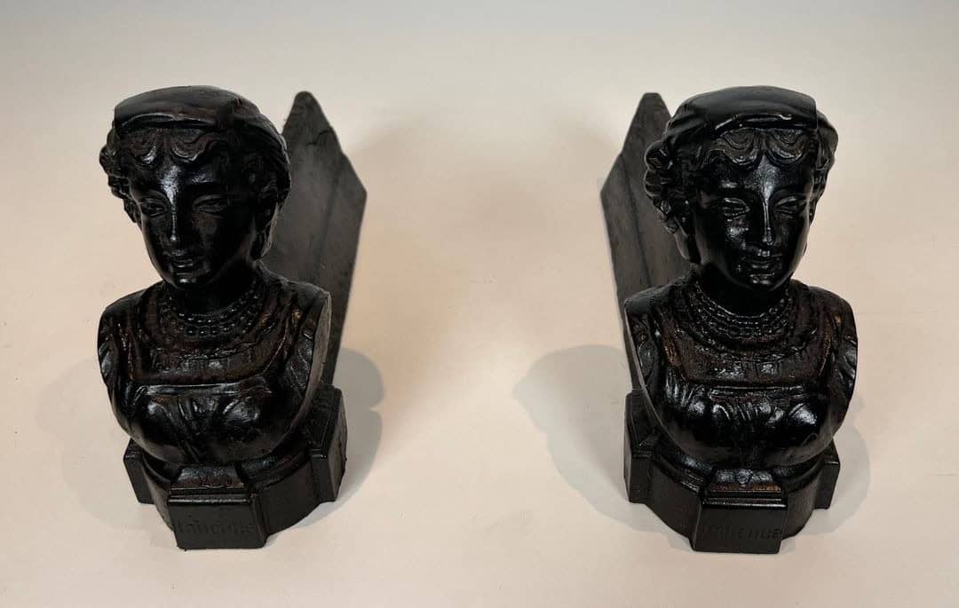 French Figural Cast Iron Andirons - Front Top Pair View - Styylish