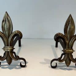 French Fleur-de-Lys Bronze Andirons - Front Pair View - Styylish