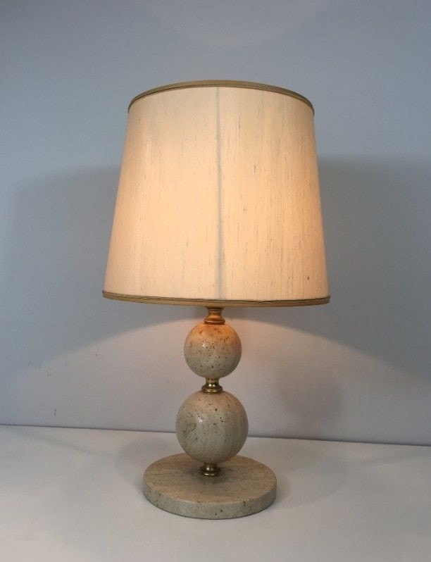 Travertine and Brass Table Lamp, Italy, Circa 1970 - Image 2