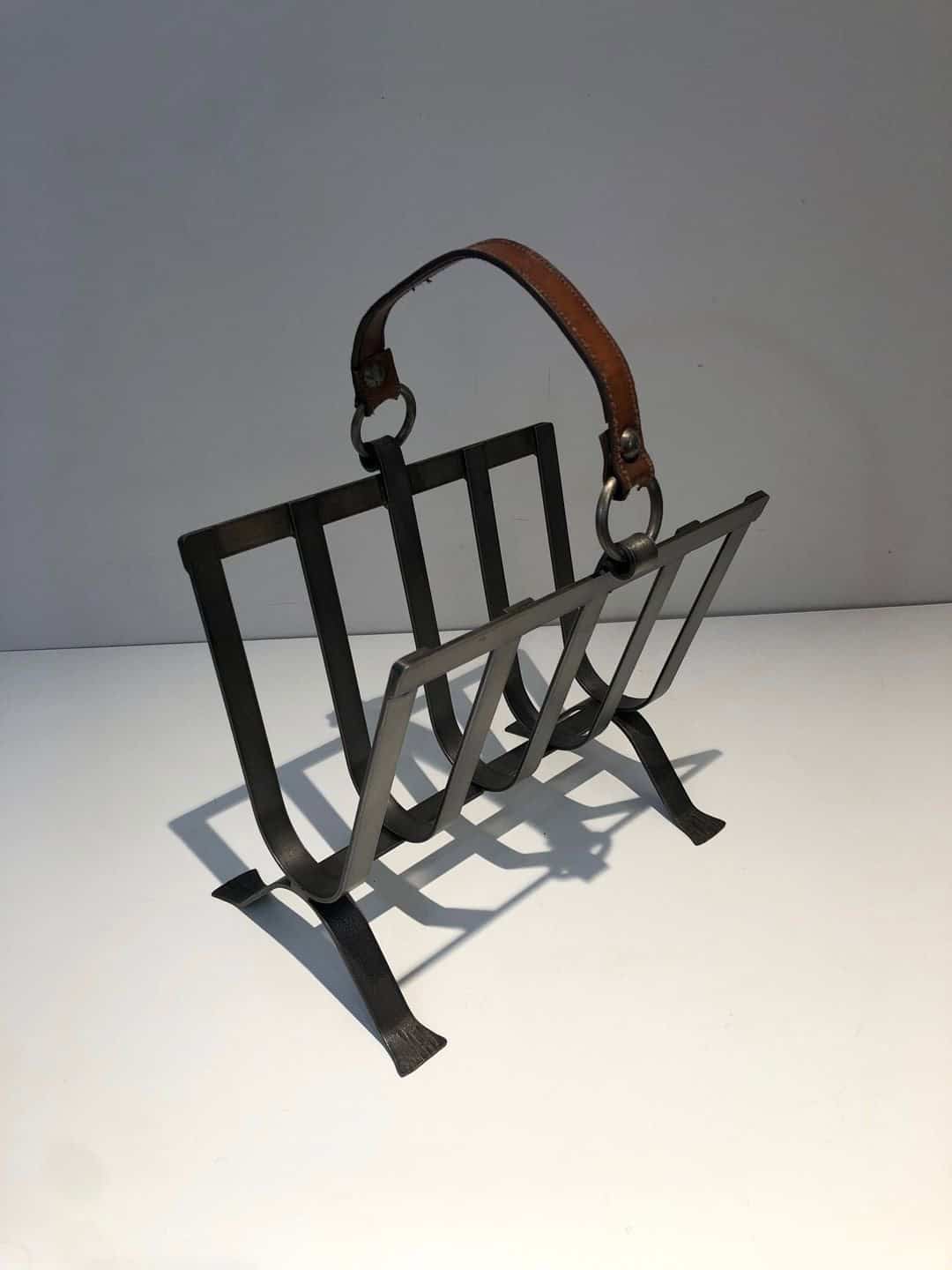 Jacques Adnet Style Leather and Steel Magazine Rack - Image 11