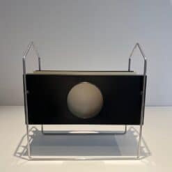 French 1960s Chrome and Black and White Magazine Rack - Wide View - Styylish