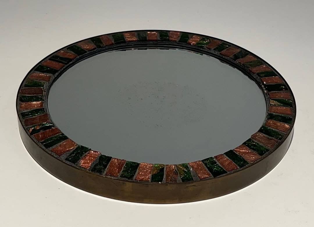 French Mid-Century Ceramic and Brass Round Mirror - Low View - Styylish