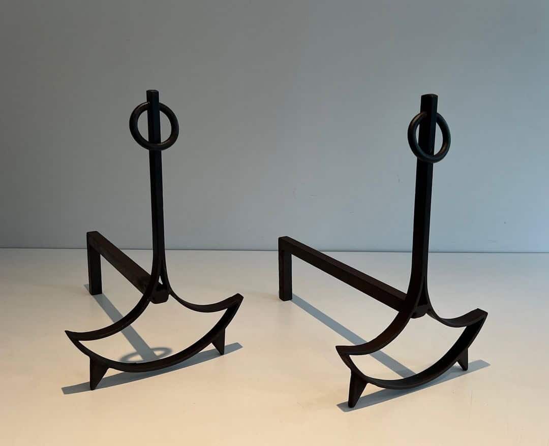 French 1940s Blackened Wrought Iron Andirons - Staggered Pair View - Styylish