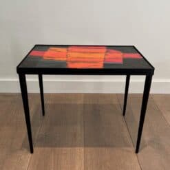 French Mid-Century Hand-Painted Ceramic Tile Side Table - Wide Front View - Styylish