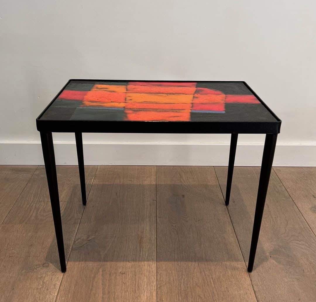 French Mid-Century Hand-Painted Ceramic Tile Side Table - Wide Front View - Styylish
