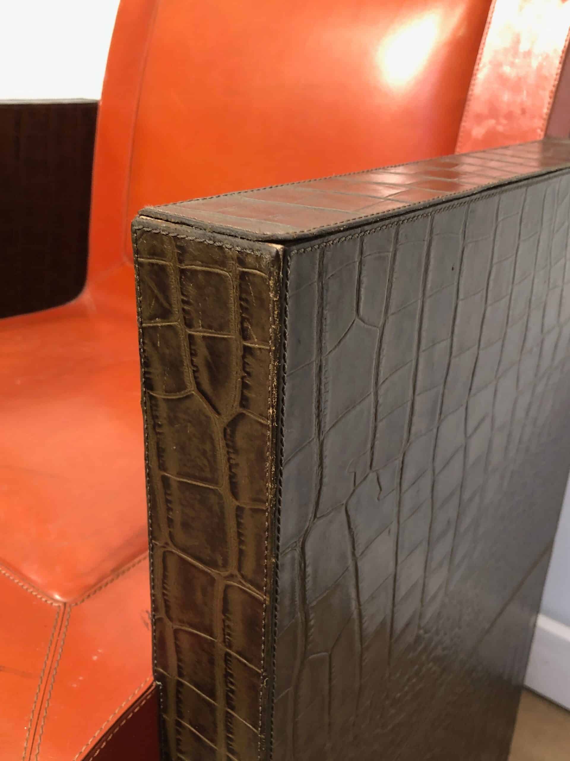 Pair of French 1970s Brown and Orange Leather Armchairs - Armrest Detail - Styylish