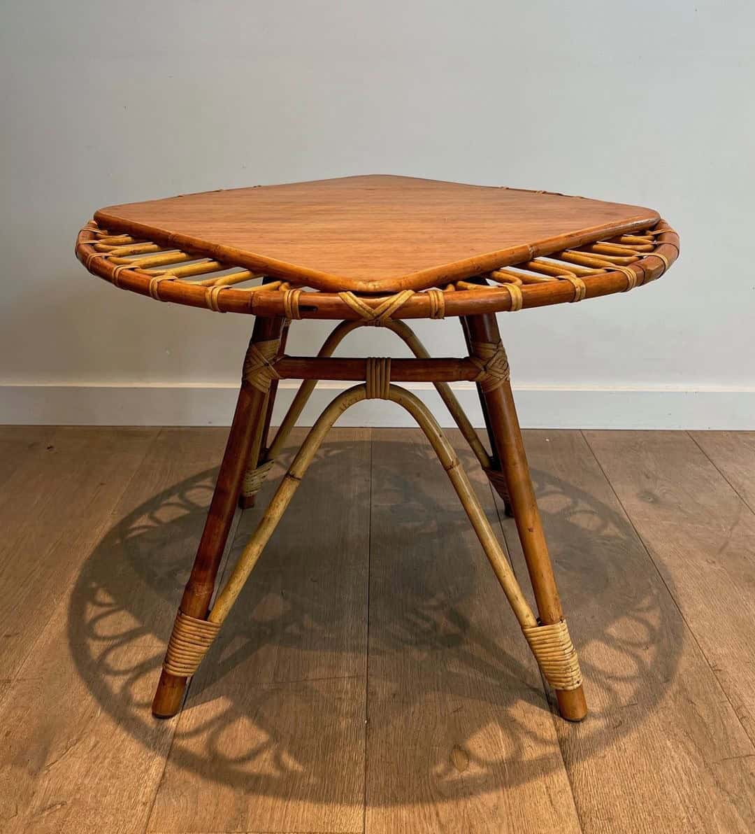 French Mid-Century Trampoline Rattan Coffee Table - Image 11