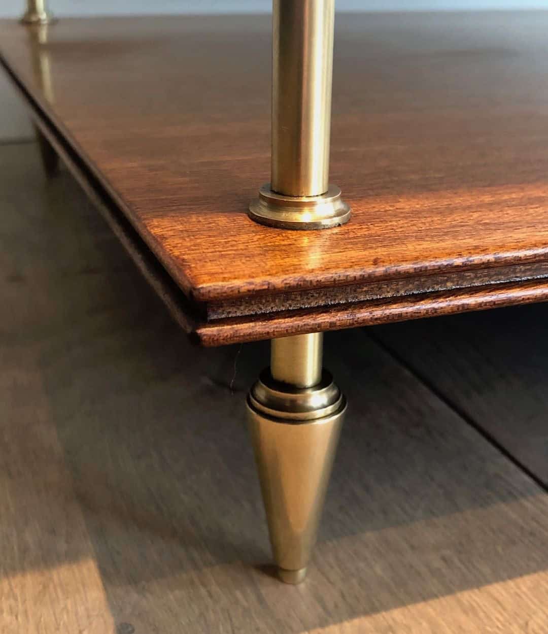 Maison Jansen Mahogany and Brass Three-Tier Side Tables - Base Detail - Styylish