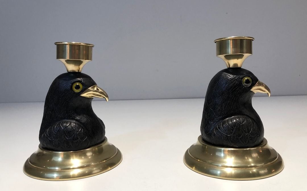 Pair of Signed French Carved Wood Eagle Candlesticks - Side Pair View Two - Styylish
