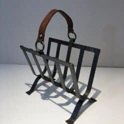 Jacques Adnet Style Leather and Steel Magazine Rack - Image 12