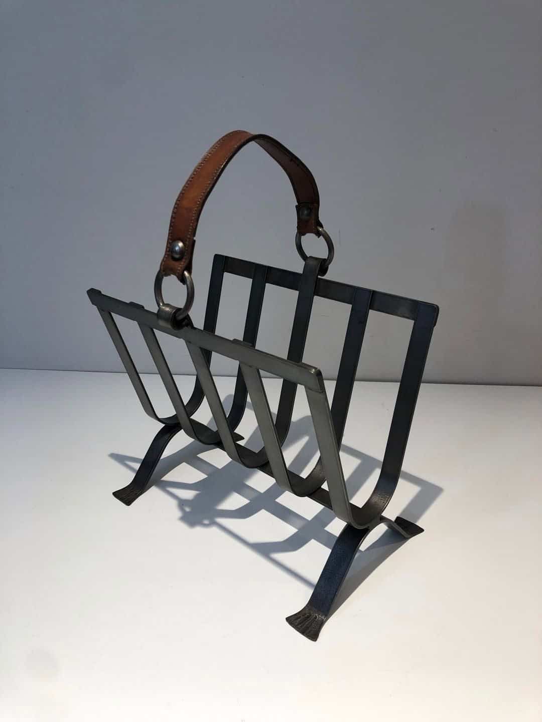 Jacques Adnet Style Leather and Steel Magazine Rack - Image 12