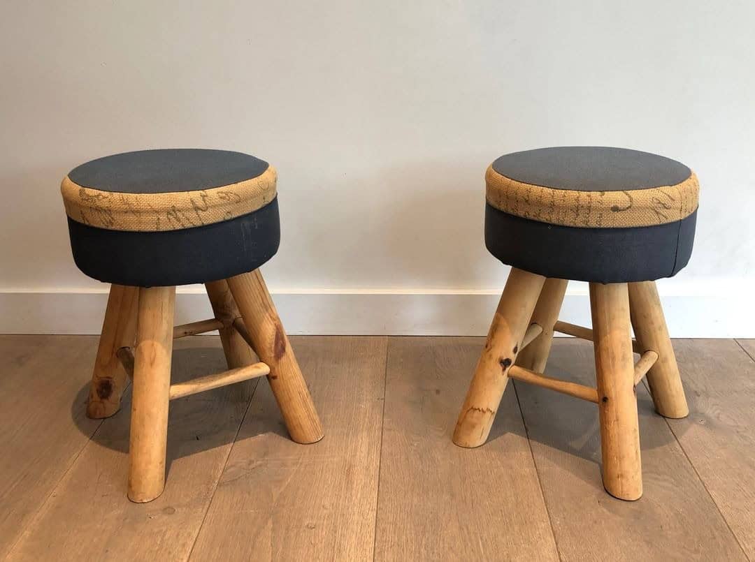 Pair of Solid Pine Stools, French Work, circa 1970 - Image 12