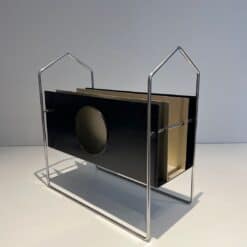 French 1960s Chrome and Black and White Magazine Rack - Wide Angled View - Styylish