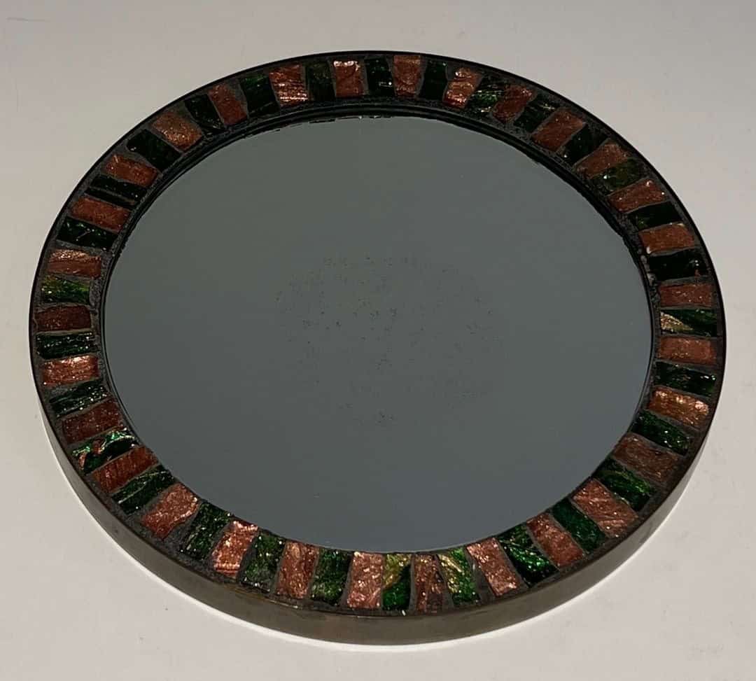 French Mid-Century Ceramic and Brass Round Mirror - Alt View - Styylish