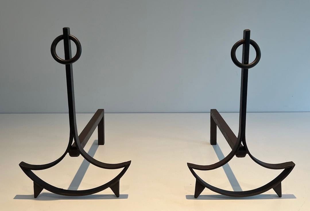 French 1940s Blackened Wrought Iron Andirons - Pair View - Styylish